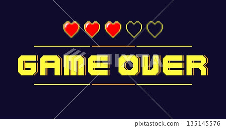 Pixel text with red heart on dark background. Game over inscription. Life bar in computer GUI. Failure console graphic. Pause UI. Character death. Retro arcade style. Vector banner design 135145576