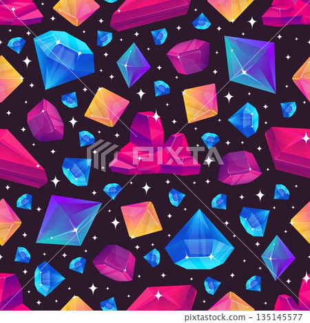 Precious stones seamless pattern. Brilliant crystals. Shiny diamonds. Emeralds or rubies facets. Treasure sapphires. Jewel amethysts. Repeated print. Sparkling quartz. Vector background Precious stones seamless pattern. Brilliant crystals. Shiny diamonds. Emeralds or rubies facets. Treasure sapphires. Jewel amethysts. Repeated print. Sparkling quartz. Vector background 135145577