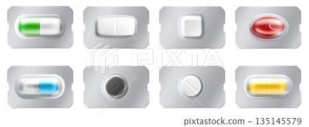 Realistic blister packs pharmaceutical with tablets and capsules. Medical painkiller. Prescription remedy 3D package. Antibiotic wrap top view. Vector set of medicines in foil packaging Realistic blister packs pharmaceutical with tablets and capsules. Medical painkiller. Prescription remedy 3D package. Antibiotic wrap top view. Vector set of medicines in foil packaging 135145579