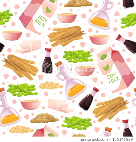 Soybeans and soy milk products seamless pattern. Alternative cheese and tofu. Soya sauce. Seed oil bottle. Legume porridge. Repeated print. Healthy vegetarian nutrition. Vector background Soybeans and soy milk products seamless pattern. Alternative cheese and tofu. Soya sauce. Seed oil bottle. Legume porridge. Repeated print. Healthy vegetarian nutrition. Vector background 135145589