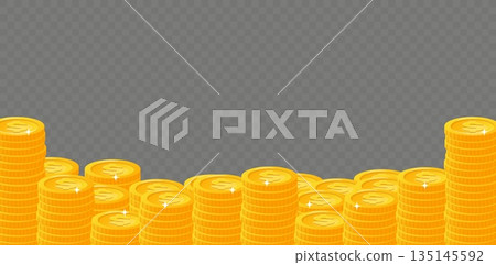 Stacks of gold coins with dollar signs on transparent background. Financial success. Metal money frame. Treasure cash. Finance savings. Currency profit. Golden monetary. Vector backdrop Stacks of gold coins with dollar signs on transparent background. Financial success. Metal money frame. Treasure cash. Finance savings. Currency profit. Golden monetary. Vector backdrop 135145592