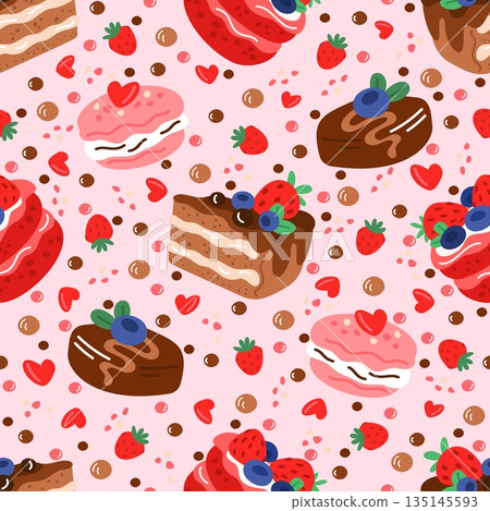 Sweet pastries seamless pattern. Holiday cake slices. Chocolate glaze and sugar fruit cream. Delicious confectionery. Repeated print. Birthday food. Celebration pies. Vector background Sweet pastries seamless pattern. Holiday cake slices. Chocolate glaze and sugar fruit cream. Delicious confectionery. Repeated print. Birthday food. Celebration pies. Vector background 135145593