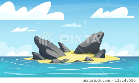 Uninhabited tropical island in ocean with rocks and yellow sand. Seaside nature landscape. Stones at beach. Empty sea coast. Summer sky clouds. Caribbean seashore. Vector illustration Uninhabited tropical island in ocean with rocks and yellow sand. Seaside nature landscape. Stones at beach. Empty sea coast. Summer sky clouds. Caribbean seashore. Vector illustration 135145596