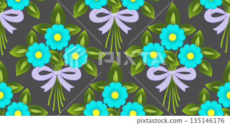 Bouquet of three flowers and pink ribbon. Spring blue flowers and green leaves. Summer flowers diagonal seamless pattern. Floral holiday design Bouquet of three flowers and pink ribbon. Spring blue flowers and green leaves. Summer flowers diagonal seamless pattern. Floral holiday design 135146176