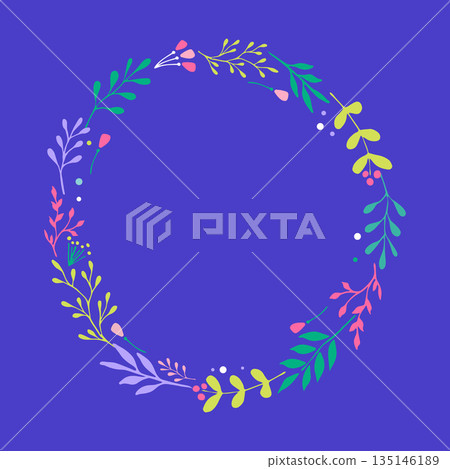 Hand Drawn Floral Wreath Frame Vector Illustration on Blue Background Hand Drawn Floral Wreath Frame Vector Illustration on Blue Background 135146189