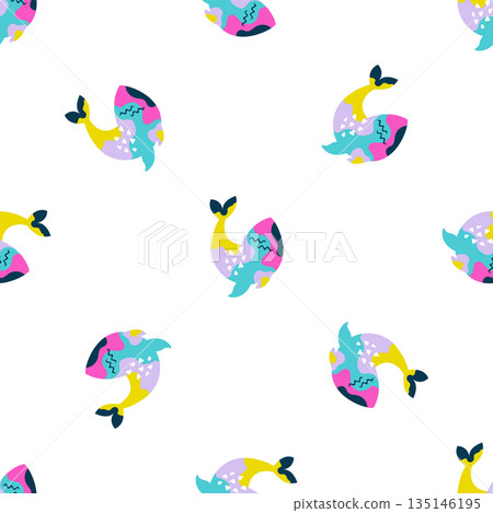 Seamless Pattern of Abstract Whales with Vibrant Pop Art Colors on White Background Seamless Pattern of Abstract Whales with Vibrant Pop Art Colors on White Background 135146195