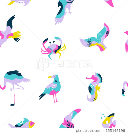 Seamless Pattern of Tropical Sea Life with Vibrant Pop Art Colors on White Background 135146196