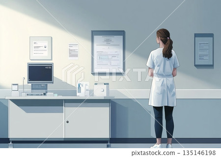 Woman in white lab coat standing in front of a computer in a laboratory setting Woman in white lab coat standing in front of a computer in a laboratory setting 135146198