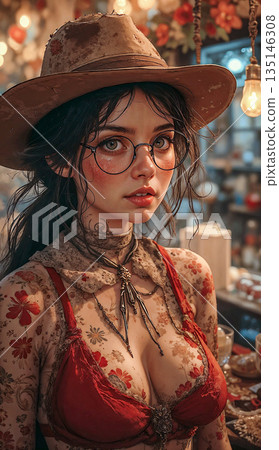 Rustic beauty woman in hat and glasses with floral accents. Young woman wearing a wide-brimmed hat and round glasses stands in a vintage-inspired setting.  135146308