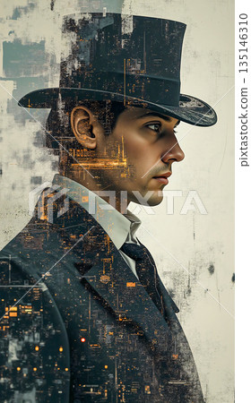Cyberpunk gentleman with digital glitch overlay. A digitally manipulated image of a man in profile, wearing a black top hat and formal suit.  135146310