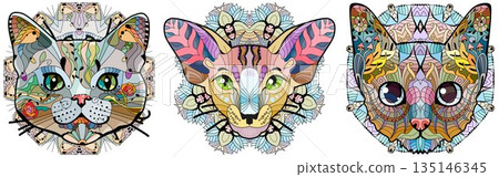 Set of stylized cat heads. Hand Drawn lace vector illustration Set of stylized cat heads. Hand Drawn lace vector illustration 135146345