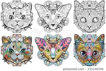 Set of stylized cat heads. Hand Drawn lace vector illustration for coloring Set of stylized cat heads. Hand Drawn lace vector illustration for coloring 135146346