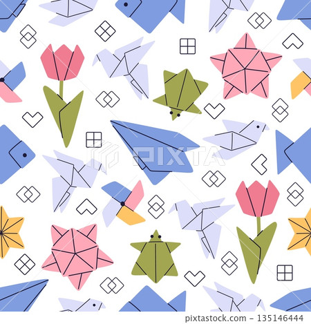 Animal figures made of colored paper. Origami seamless pattern. Asian polygonal papercraft. Japanese shapes. Creative dove bird and flower. Repeated print. Oriental hobby. Vector background 135146444