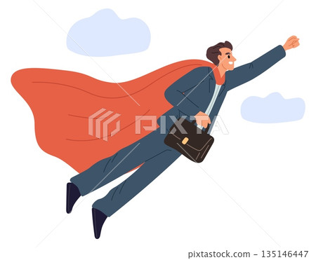 Businessman in suit and red coat with suitcase. Super hero flight. Superhero manager flying in sky. Powerful office superman flight. Strong entrepreneur with mantle. Vector concept 135146447