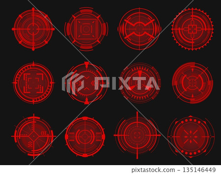 Futuristic optical aims. Red sights for firearms. HUD icons. Military simulator. Neon target. Round game symbols. Camera viewfinder. Bullseye crosshair. Focus range indications vector set 135146449