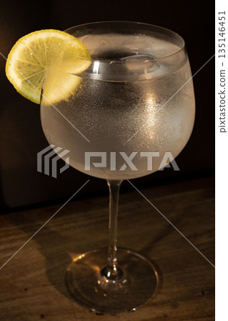 Refreshing gin and tonic in a frosted glass with ice and lemon wedge Copy space. Refreshing gin and tonic in a frosted glass with ice and lemon wedge Copy space. 135146451