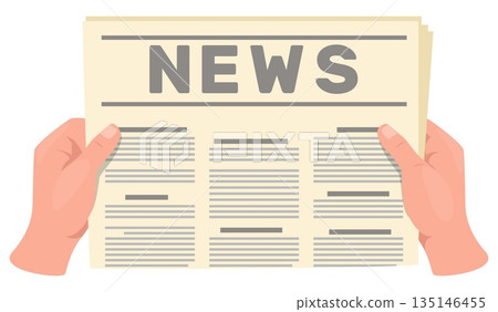 Hands holding paper newspaper. Breaking news. Male person reading print publication. Newsletter article. Journal reportage headline. Magazine content. Media propaganda. Vector concept 135146455