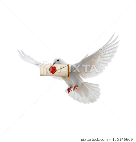 White dove of peace delivering sealed love letter, symbolizing hope, romantic messages, and heartfelt communication, isolated on transparent background 135146669
