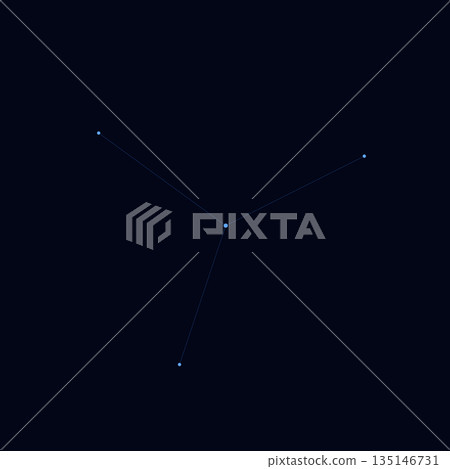 Dark minimal abstract composition showing three light blue dots connected by thin lines, forming a Y-shaped structure on a black background with negative space. 135146731