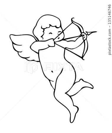 Outline Cupid with arrow on wite background 135146746