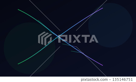 Dark abstract background with flowing multicolor lines crossing diagonally over two faint circles, creating a layered and energetic sense of digital movement. 135146751