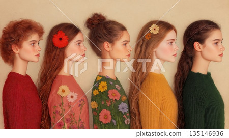 Five diverse women in profile, each adorned with floral accents, layered in a watercolor illustration, showcasing diverse beauty and unity in vibrant colors with copy space 135146936