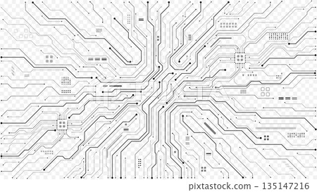 Circuit board pattern with intricate lines and electronic connections. 135147216