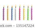 Set of colorful birthday candles with flames isolated on white background. Multicolored candles for design birthday themes. 135147224