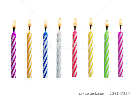 Set of colorful birthday candles with flames isolated on white background. Multicolored candles for design birthday themes. Set of colorful birthday candles with flames isolated on white background. Multicolored candles for design birthday themes. 135147224