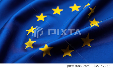 Waving European Union flag with golden stars fabric 135147248