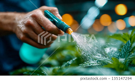 Close-up of a gloved hand spraying water onto green plants inside a greenhouse, representing plant care and cultivation 135147294