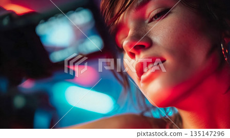 Close-up portrait of a young female singer performing on stage with microphone under dramatic neon lighting 135147296