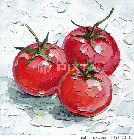 Tomatoes impasto painting of three ripe red tomatoes with green stems on textured white background for kitchen decor Tomatoes impasto painting of three ripe red tomatoes with green stems on textured white background for kitchen decor 135147368