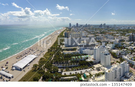American southern seashore of Miami Beach city. Tourist infrastructure in Florida, USA. South Beach high luxurious hotels and apartment buildings 135147409