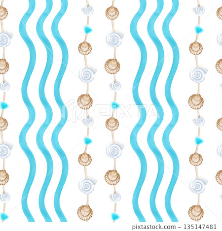 Seamless pattern with shells on a jute rope and stylized turquoise waves. Watercolor illustration on an isolated background. Seamless background in marine, beach style. Seamless pattern with shells on a jute rope and stylized turquoise waves. Watercolor illustration on an isolated background. Seamless background in marine, beach style. 135147481