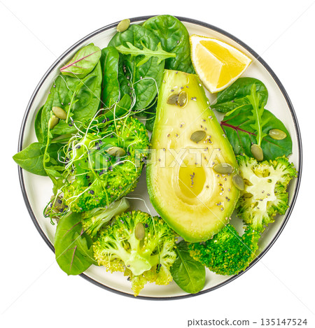 Healthy green salad bowl with avocado, broccoli and spinach isolated on white background, clean eating and vegan concept 135147524