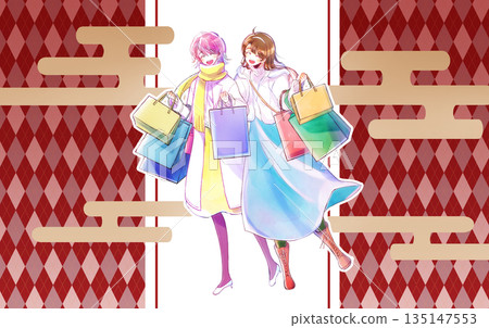 兩位女士拎著許多購物袋，面帶微笑，冬日，首場促銷 135147553