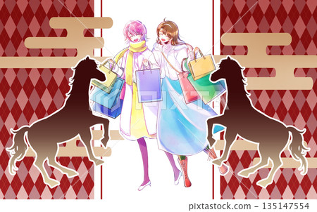 兩位女士提著許多購物袋,面帶微笑,冬日,新年促銷,馬年。 兩位女士提著許多購物袋,面帶微笑,冬日,新年促銷,馬年。 135147554