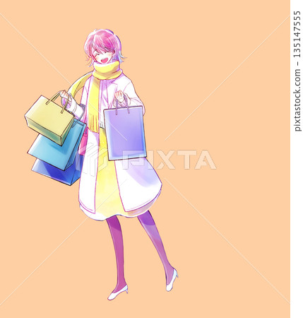 Woman with lots of shopping bags, smiling, winter Woman with lots of shopping bags, smiling, winter 135147555