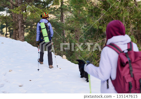 Hikers Trek Through Snowy Forest With Dog On Trail, Cold Winter Adventure Hikers Trek Through Snowy Forest With Dog On Trail, Cold Winter Adventure 135147615