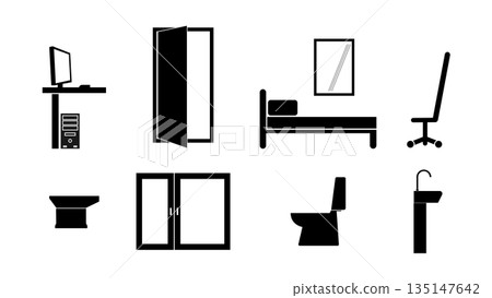 Home furniture and bathroom fixture icon set, flat vector silhouette. 135147642