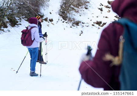 Snowy Hikers With Backpacks Using Trekking Poles On Winter Trail 135147661