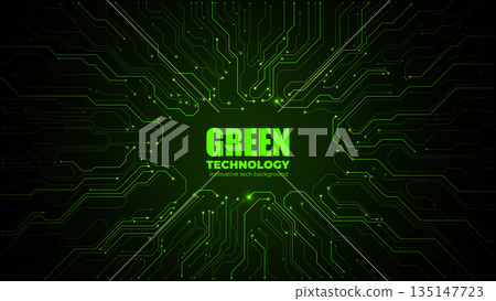 Tech background featuring green PCB circuit with blank microchip area 135147723