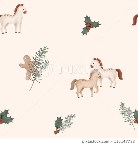 Seamless pattern with cute horse and red berries holly and fir tree branches in minimalist scandinavian style. Hand drawn illustration of beige cartoon animals and gingerbread man. 135147758