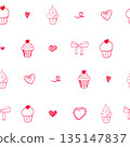 Whimsical tiny cupcake and hearts sketch seamless pattern, cute bow romantic doodle background. Ditsy small red hand drawn hearts on white background. Simple Valentines day bg 135147837