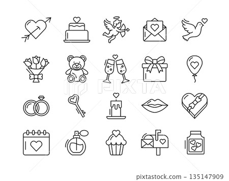 Valentine's Day Icon Set: 20 Romantic Linear Icons for Love and Wedding 135147909