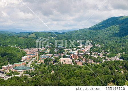 Aerial view of Boone, old historical town in North Carolina Blue Ridge Mountains. Beautiful historic American architecture Aerial view of Boone, old historical town in North Carolina Blue Ridge Mountains. Beautiful historic American architecture 135148120