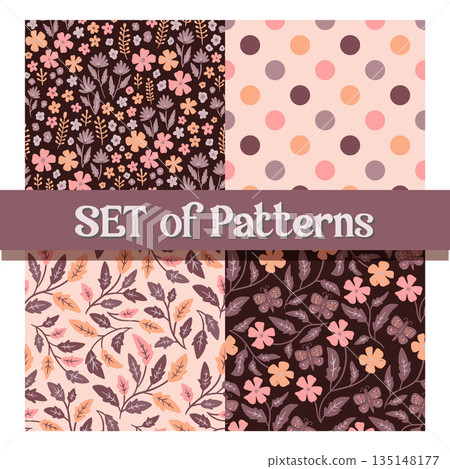 Natural Tone Botanical Seamless Pattern Set with Soft Organic Plant Elements 135148177