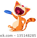Cat asks for food and holds an empty bowl on a white background. Character 135148285