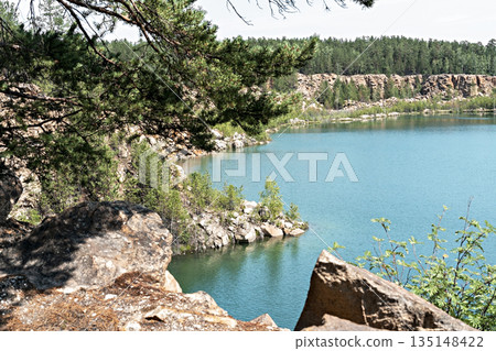 View of the blue turquoise river or lake with branches of coniferous trees and rocky shores, beautiful landscape with bright water copy space nature, tourism 135148422